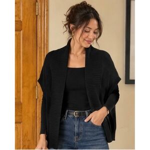 Neiman Marcus 100% Cashmere Ribbed Open Front Cardigan Sweater Black L/XL